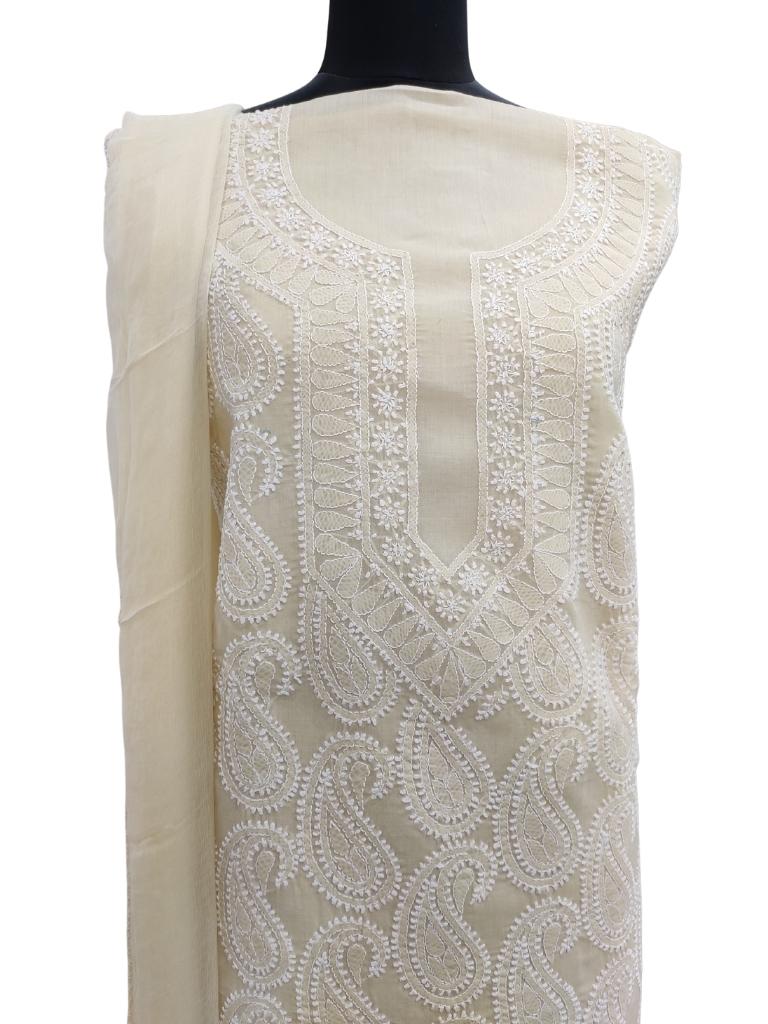 Shyamal Chikan Hand Embroidered Beige Cotton Lucknowi Chikankari Unstitched Suit Piece- S14490
