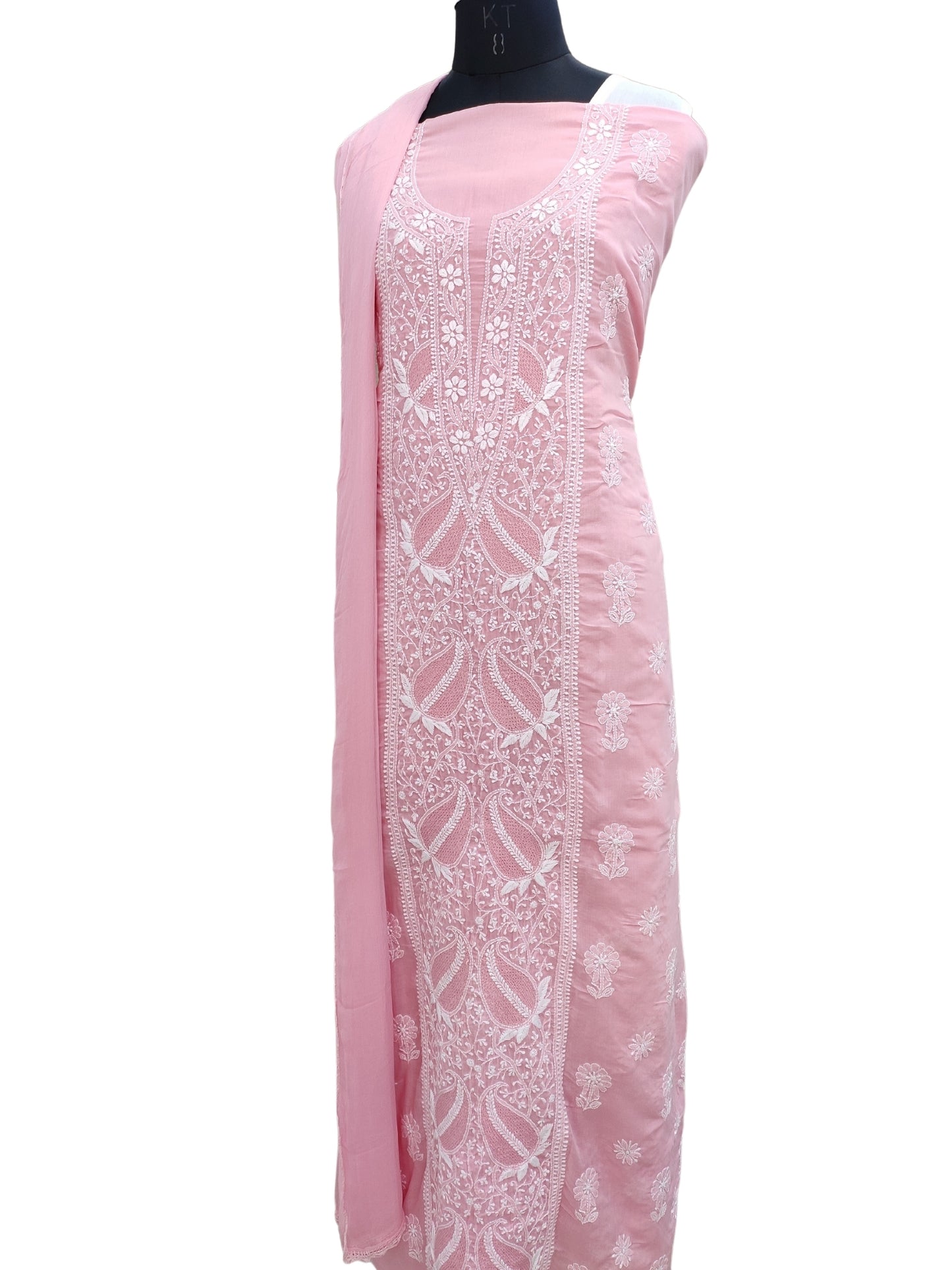 Shyamal Chikan Hand Embroidered Pink Cotton Lucknowi Chikankari Unstitched Suit Piece With Jaali Work- S22217