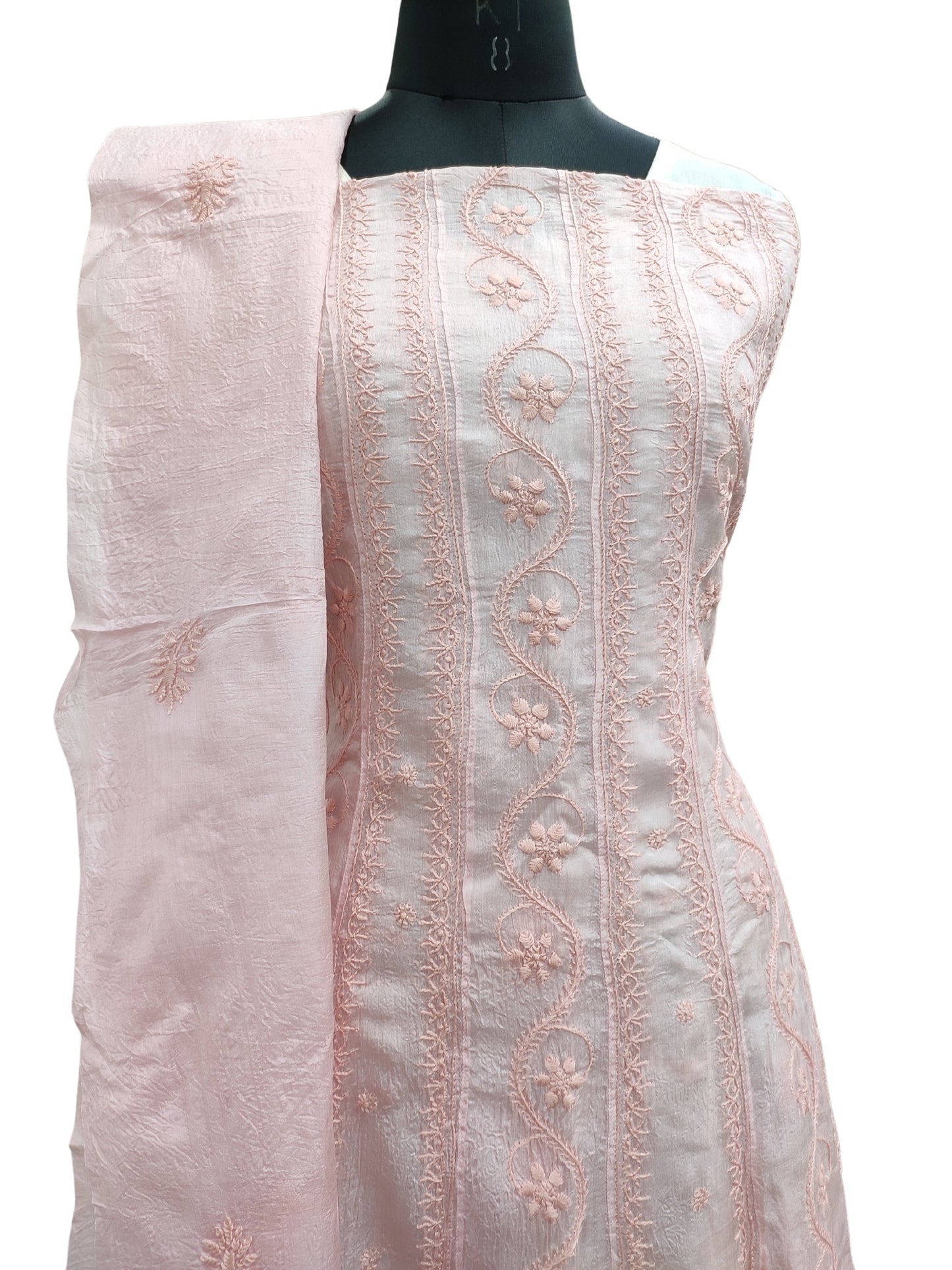 Shyamal Chikan Hand Embroidered Peach Pure Tusser Silk Lucknowi Chikankari Semi-Stitched Anarkali - S22496