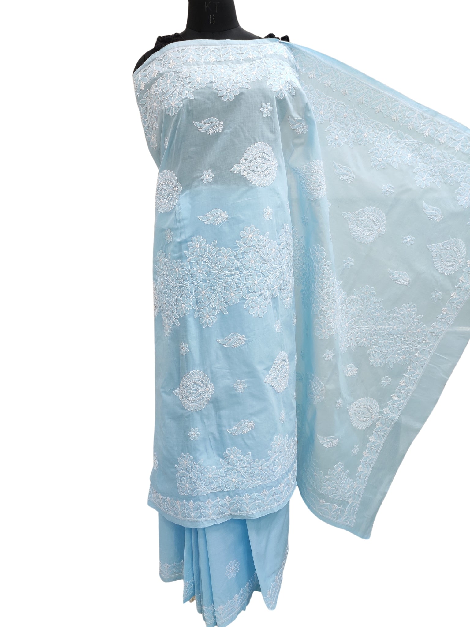 Shyamal Chikan Hand Embroidered Blue Cotton Lucknowi Chikankari Saree With Blouse Piece- S23007