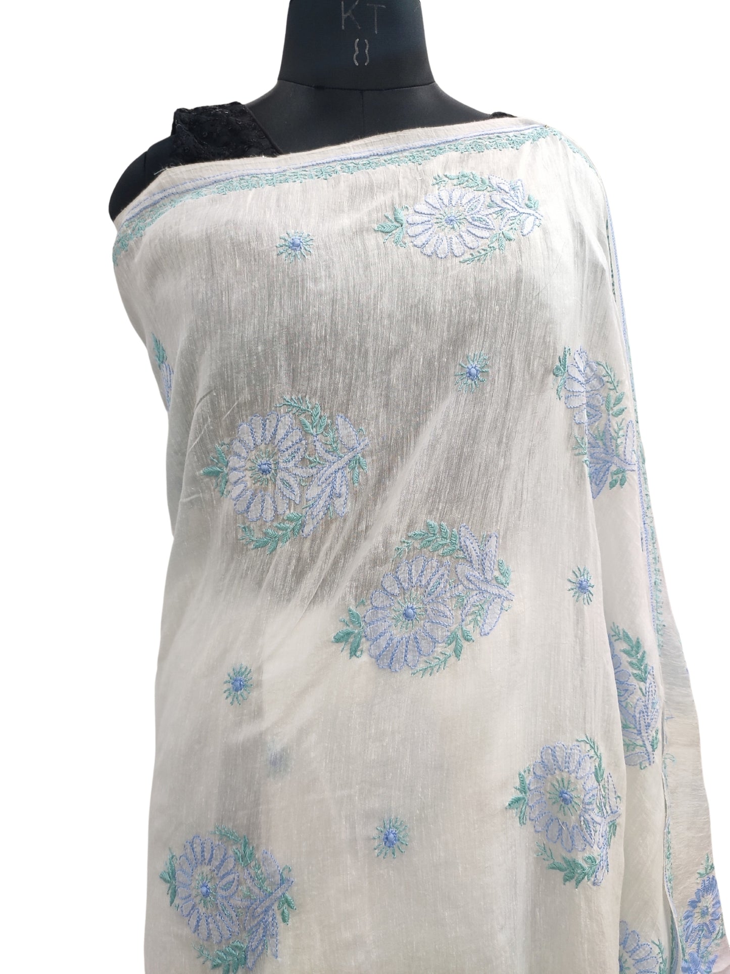 Shyamal Chikan Hand Embroidered White Pure Lenin Lucknowi Chikankari Saree With Blouse Piece- 23798