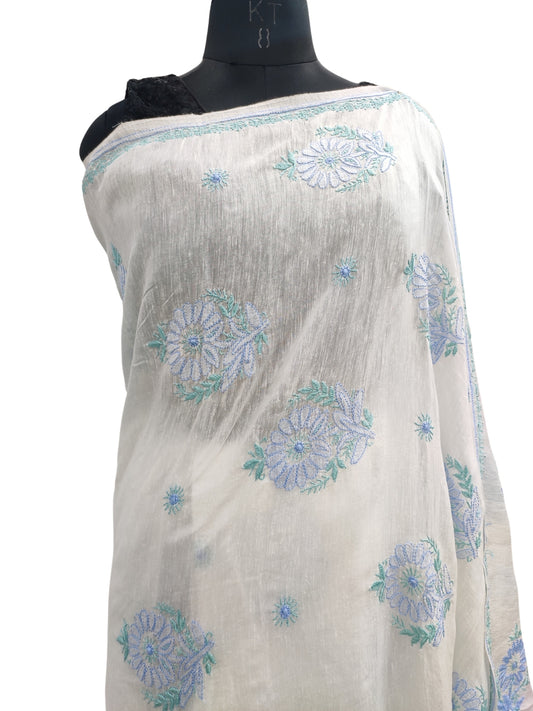 Shyamal Chikan Hand Embroidered White Pure Lenin Lucknowi Chikankari Saree With Blouse Piece- 23798