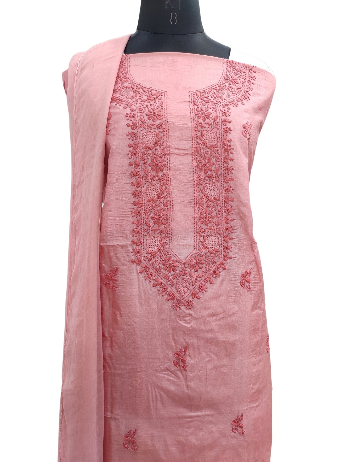 Shyamal Chikan Hand Embroidered Peach Pure Tusser Silk Lucknowi Chikankari Unstitched Suit Piece (Kurta Dupatta Set) - S24548