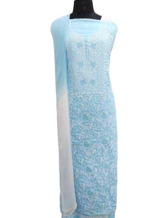 Shyamal Chikan Hand Embroidered Blue Cotton Lucknowi Chikankari Unstitched Suit Piece With Jaali Work- S22222