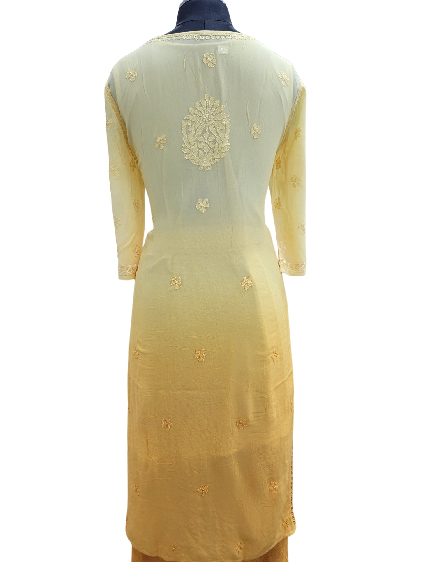 Shyamal Chikan Hand Embroidered Yellow Viscose Georgette Lucknowi Chikankari Kurta and Bottom Set - S23670