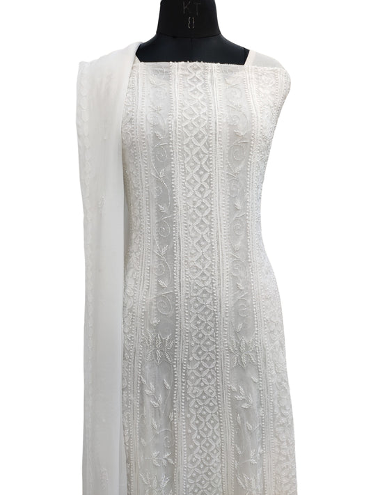 Shyamal Chikan Hand Embroidered White Viscose Georgette Lucknowi Chikankari Unstitched Anarkali Kurta Dupatta Set With Pearl And Cutdana Work - S26781