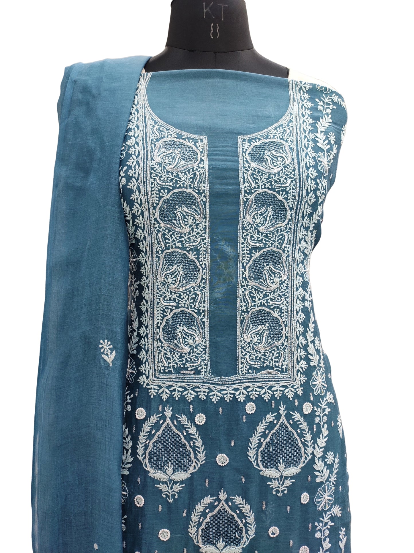 Shyamal Chikan Hand Embroidered Peacock Blue Mul Chanderi Lucknowi Chikankari Unstitched Suit Piece with Pearl & Sequin Work (Kurta Dupatta Set) - S20295