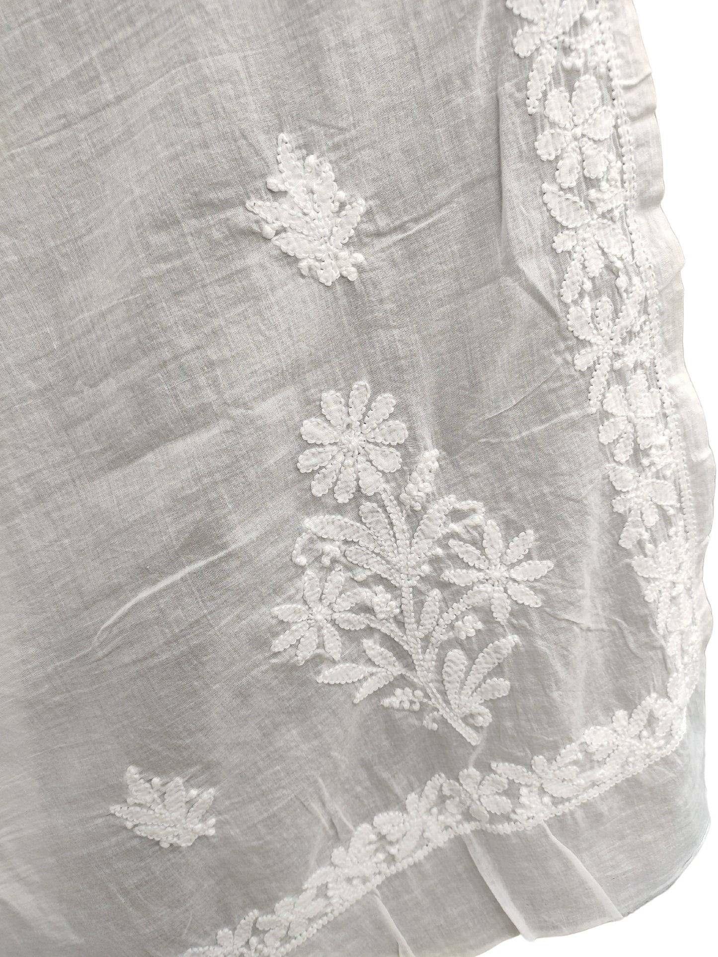 Shyamal Chikan Hand Embroidered White Malmal Cotton Lucknowi Chikankari Dupatta - S24494