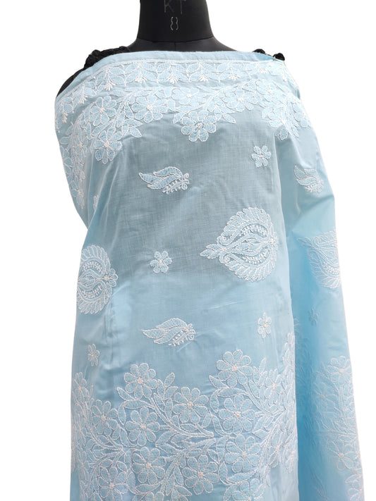 Shyamal Chikan Hand Embroidered Blue Cotton Lucknowi Chikankari Saree With Blouse Piece- S23007