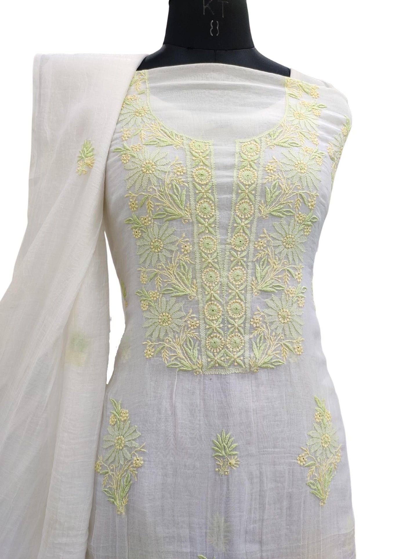 Shyamal Chikan Hand Embroidered White Mulmul Chanderi Lucknowi Chikankari Unstitched Suit Piece ( Kurta Dupatta Set ) - S20905
