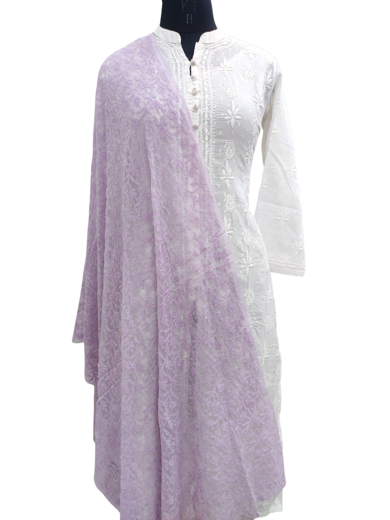 Shyamal Chikan All Over Hand Embroidered Purple Pure Chiffon Lucknowi Dupatta- S12691