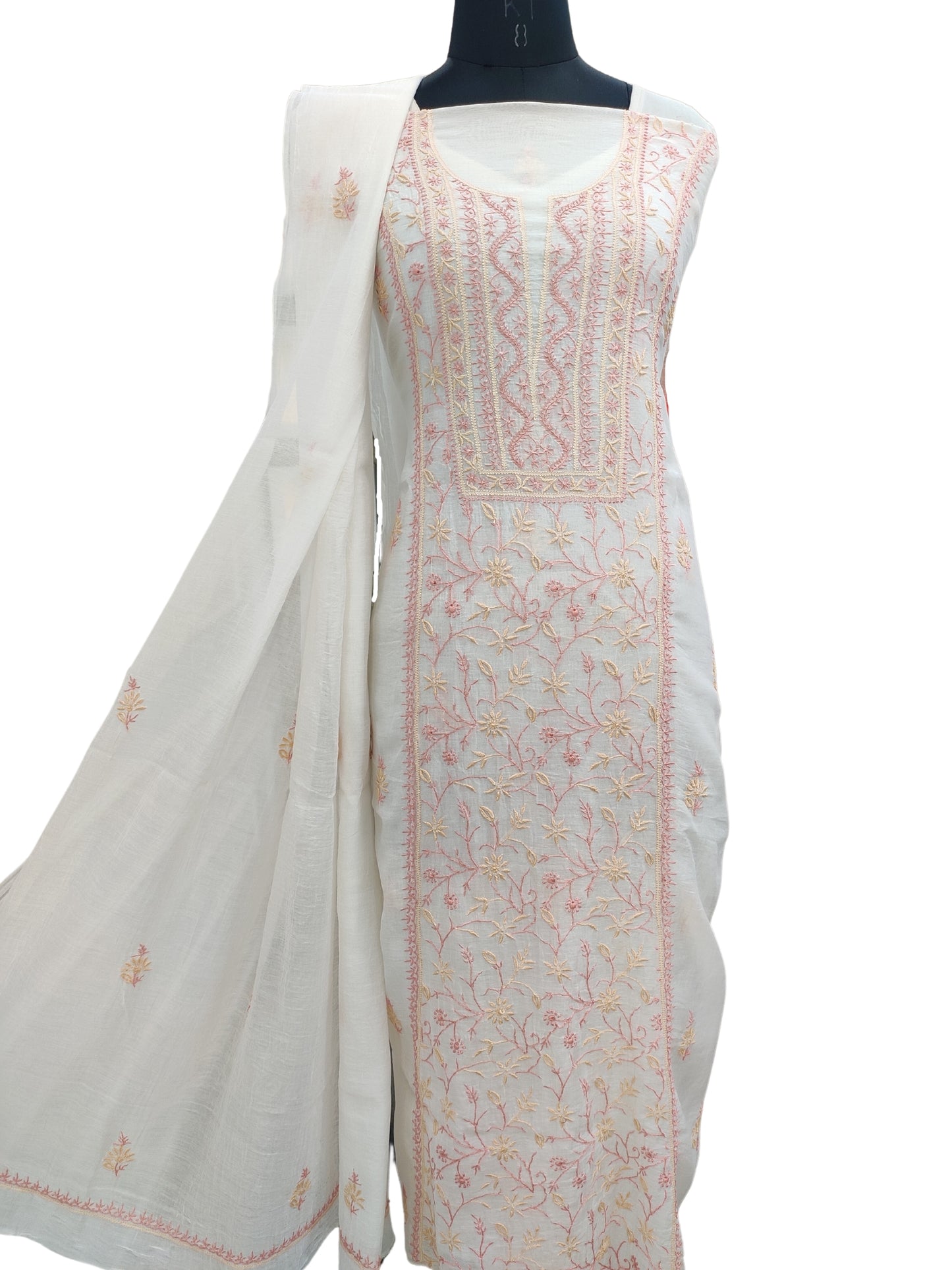 Shyamal Chikan Hand Embroidered White Mul Chanderi Lucknowi Chikankari Unstitched Suit Piece (Kurta Dupatta Set) - S21117