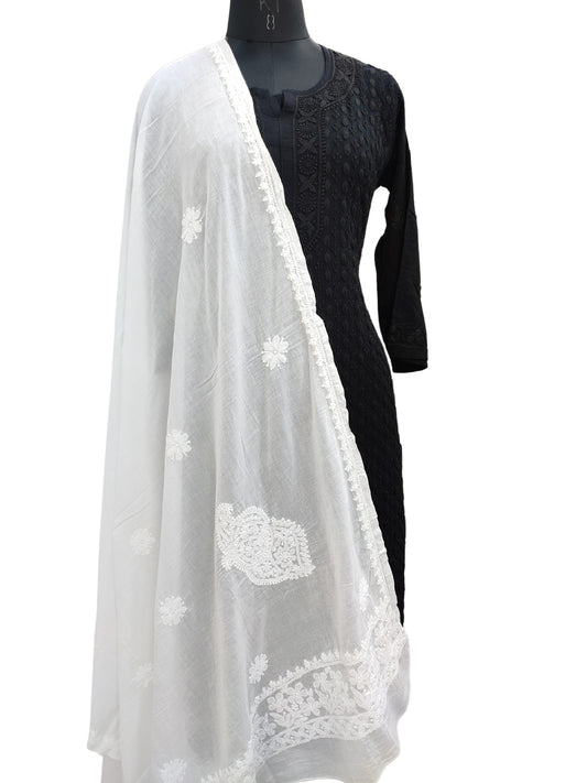 Shyamal Chikan Hand Embroidered White Malmal Cotton Lucknowi Chikankari Dupatta - S24491