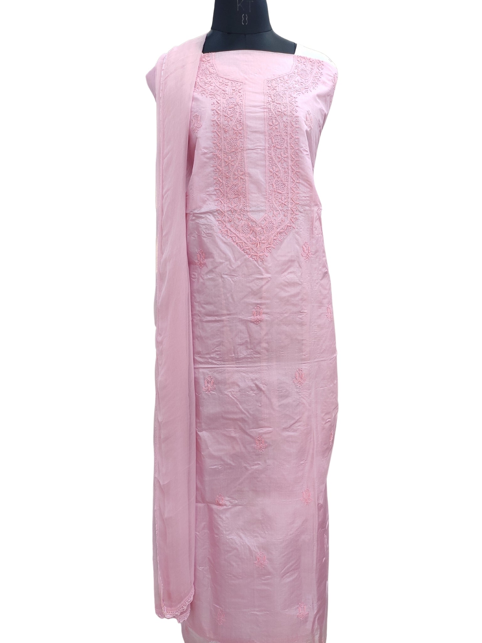 Shyamal Chikan Hand Embroidered Pink Pure Tusser Silk Lucknowi Chikankari Unstitched Suit Piece (Kurta Dupatta Set) - S24554