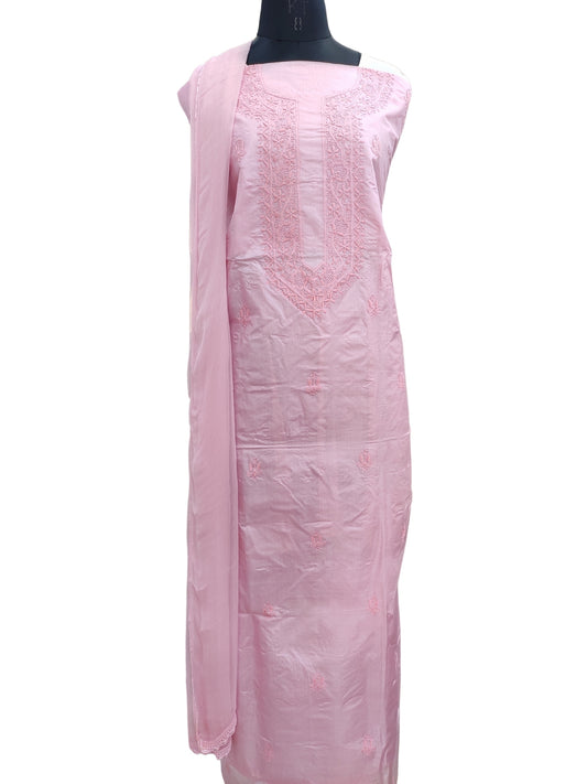 Shyamal Chikan Hand Embroidered Pink Pure Tusser Silk Lucknowi Chikankari Unstitched Suit Piece (Kurta Dupatta Set) - S24554