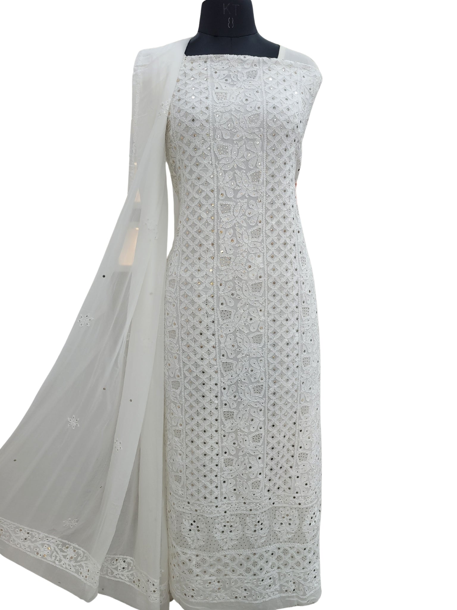 Shyamal Chikan Hand Embroidered White Viscose Georgette Lucknowi Chikankari Unstitched Suit Piece With Mukaish Work  ( Kurta Dupatta Set) -S24997