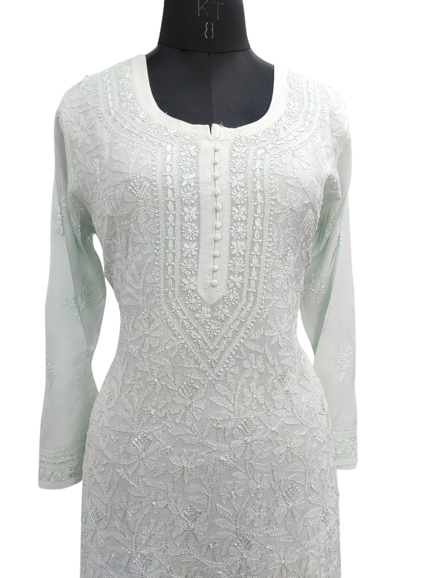 Shyamal Chikan Hand Embroidered Sea Green Muslin Lucknowi Chikankari Kurti - S24873