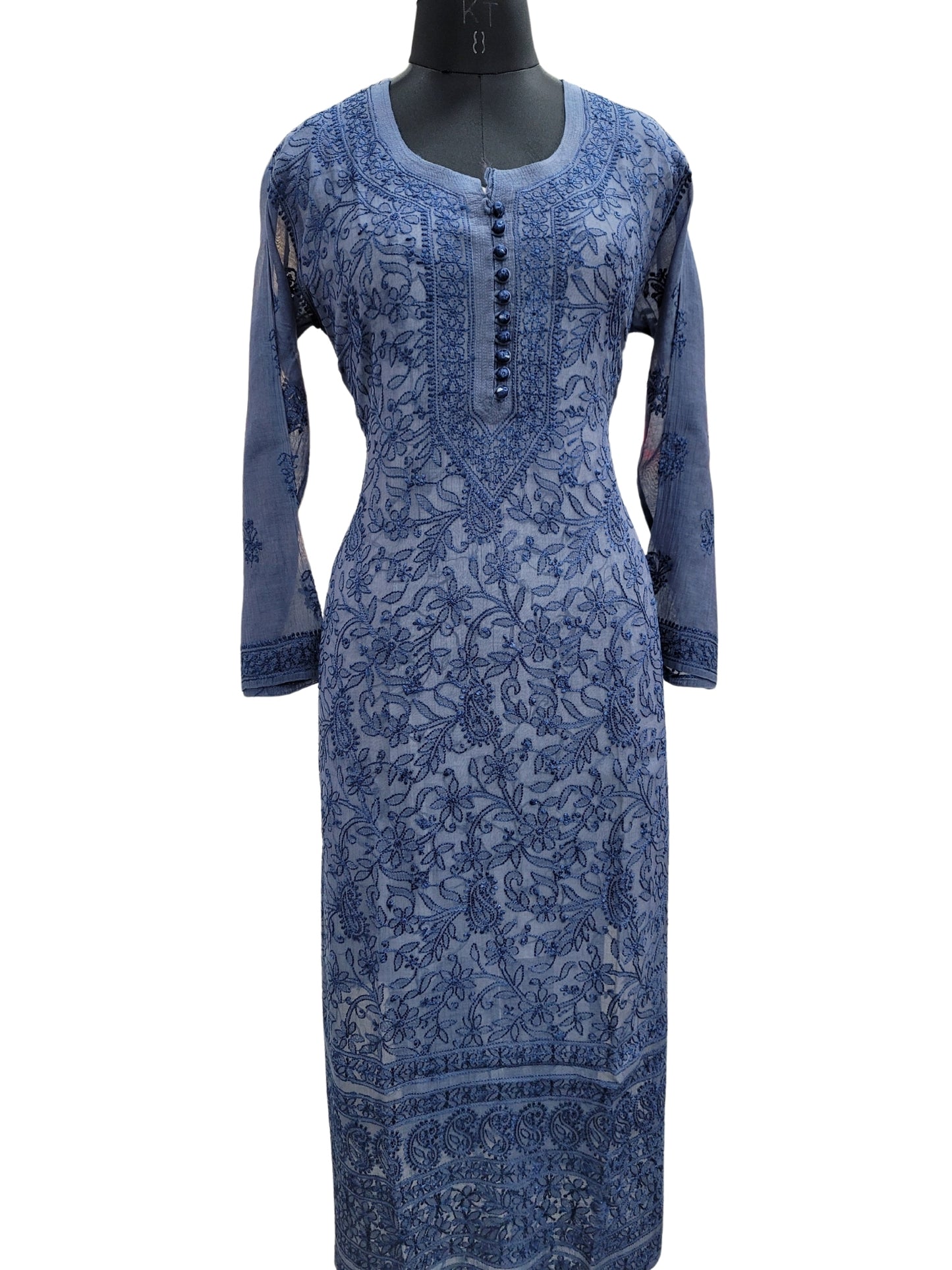 Shyamal Chikan Hand Embroidered Peacock Blue Mul Chanderi Lucknowi Chikankari Kurti - S22144