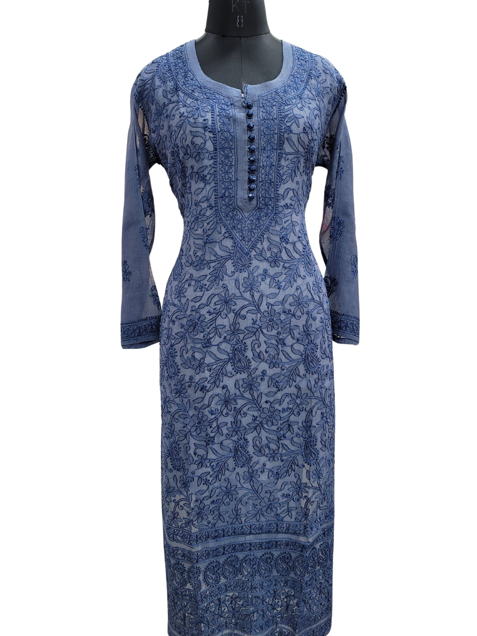 Shyamal Chikan Hand Embroidered Peacock Blue Mul Chanderi Lucknowi Chikankari Kurti - S22144