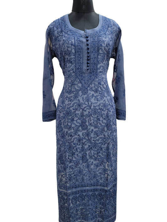 Shyamal Chikan Hand Embroidered Peacock Blue Mul Chanderi Lucknowi Chikankari Kurti - S22144