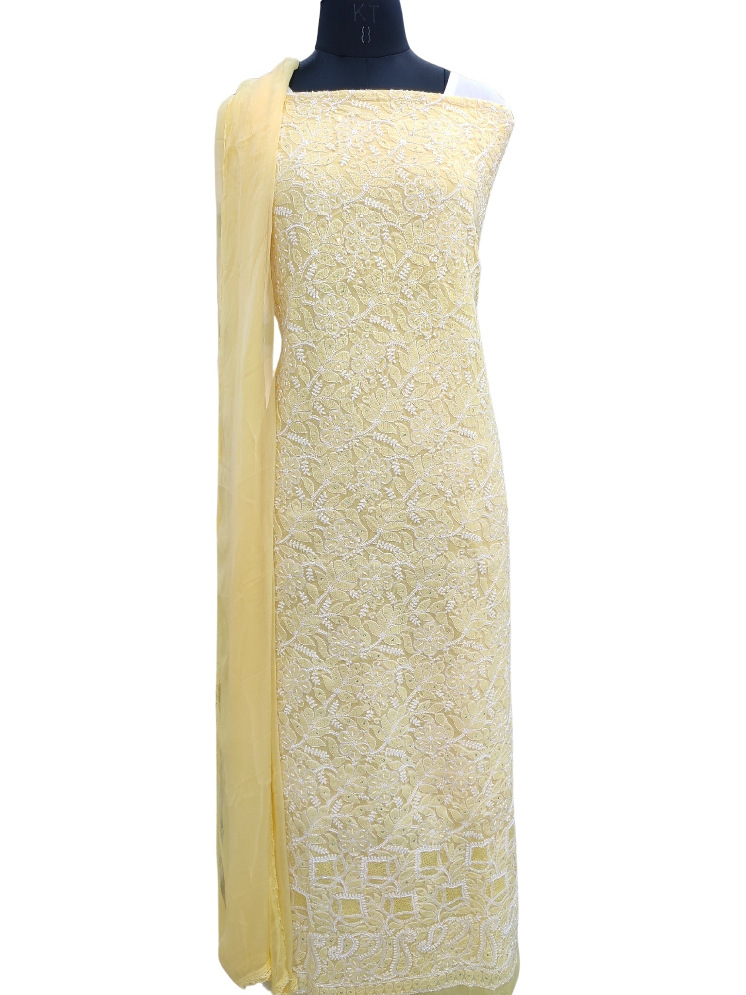 Shyamal Chikan Hand Embroidered Yellow Cotton Lucknowi Chikankari Unstitched Suit Piece With Pearl Sequin & Cutdana Work 24324