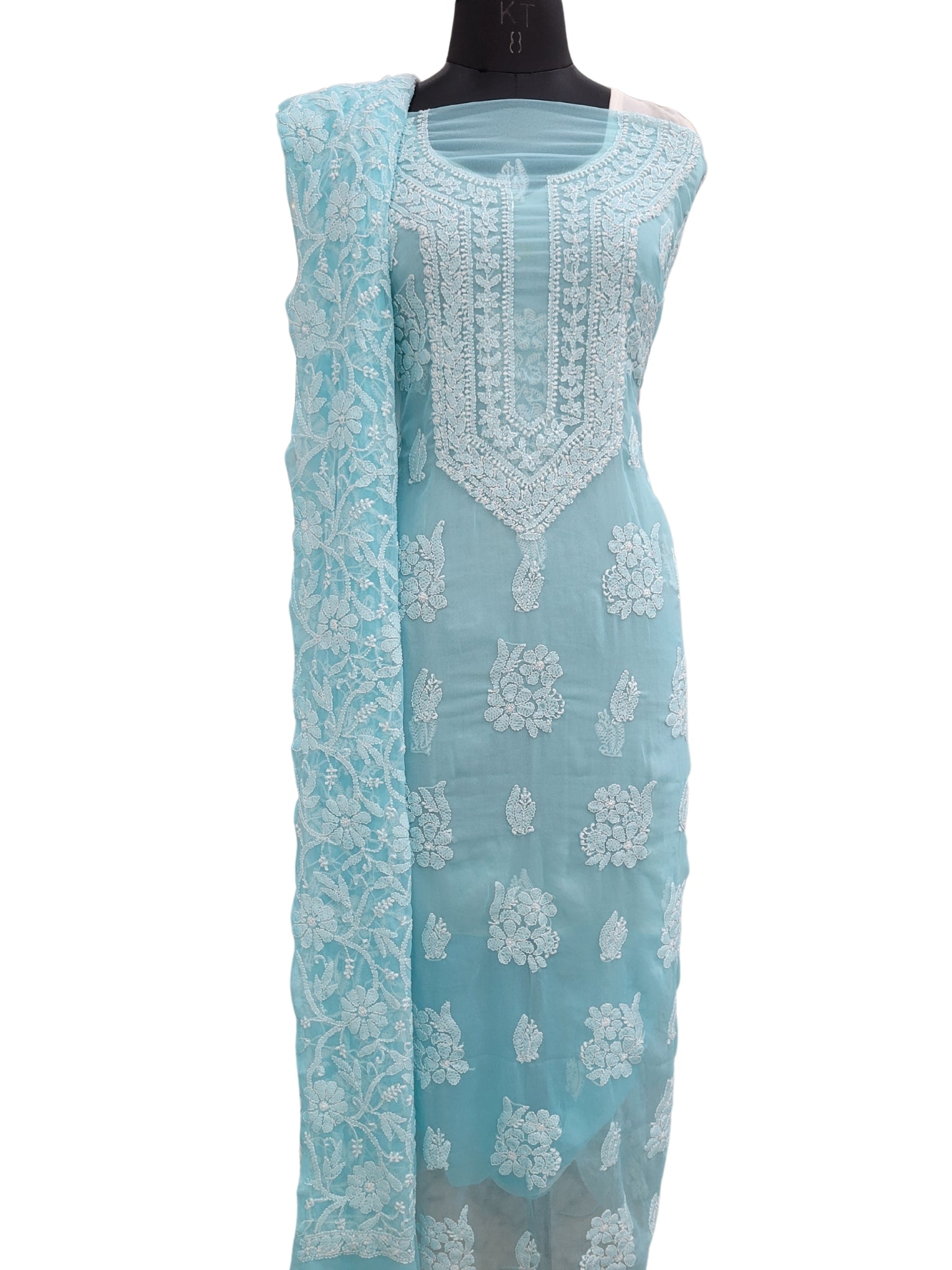 Shyamal Chikan Hand Embroidered Blue Georgette Lucknowi Chikankari Unstitched Suit Piece With Heavy Dupatta - S24369