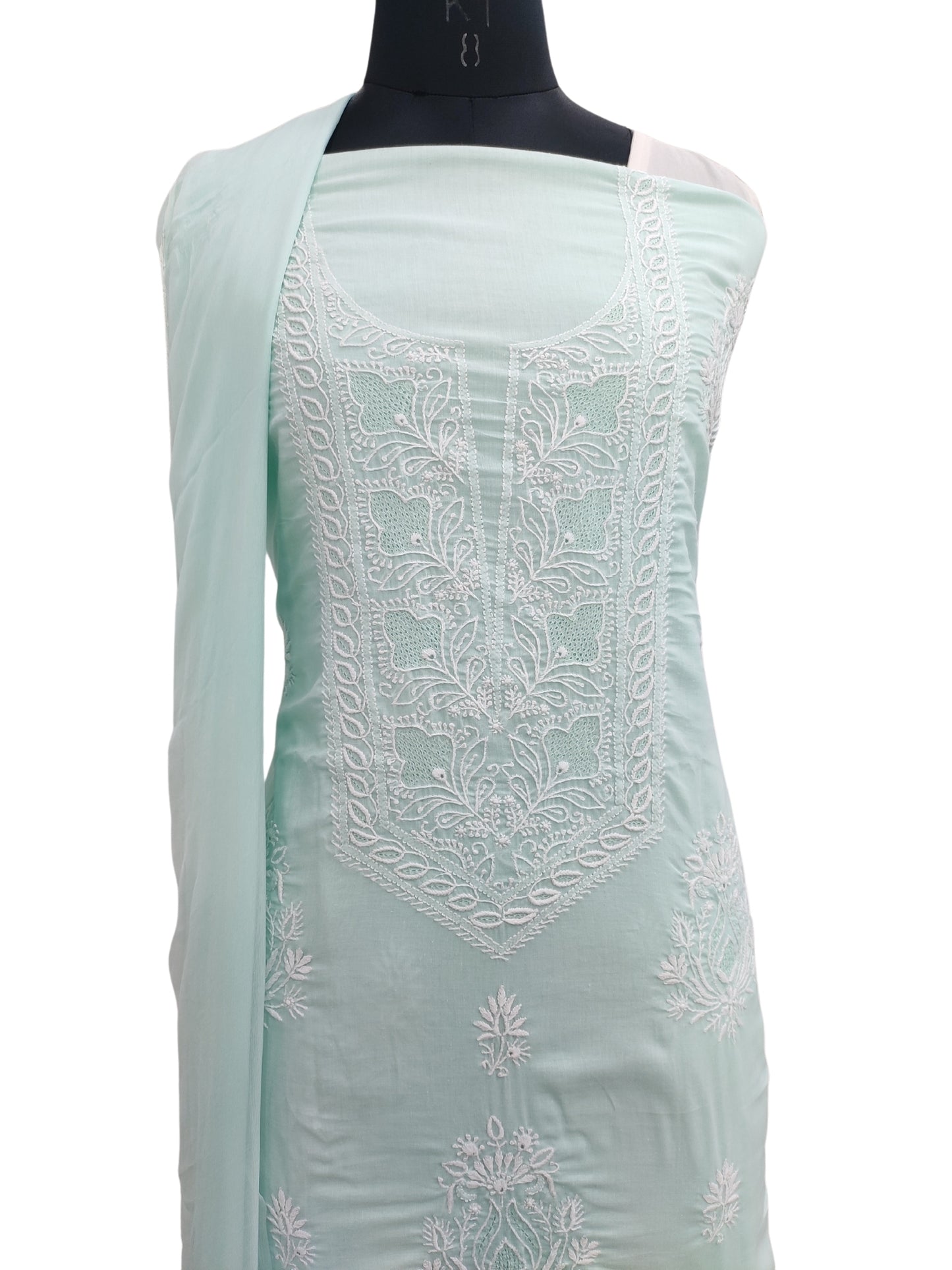 Shyamal Chikan Hand Embroidered Green Pure Cotton Lucknowi Chikankari Unstitched Suit Piece - S23191