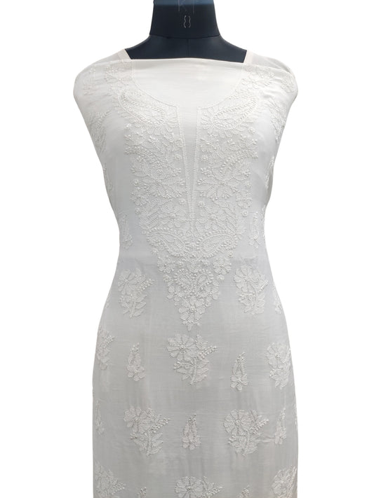 Shyamal Chikan Hand Embroidered White Muslin Lucknowi Chikankari Unstitched Kurta Piece - S23928