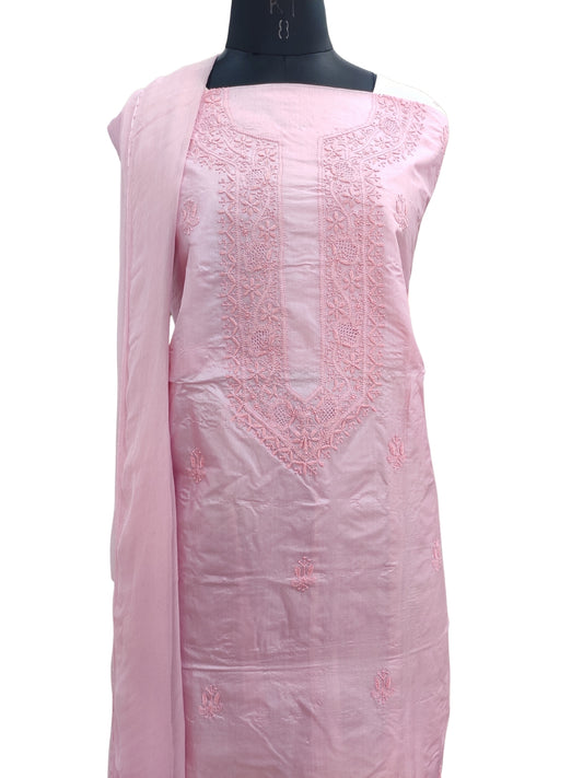 Shyamal Chikan Hand Embroidered Pink Pure Tusser Silk Lucknowi Chikankari Unstitched Suit Piece (Kurta Dupatta Set) - S24554