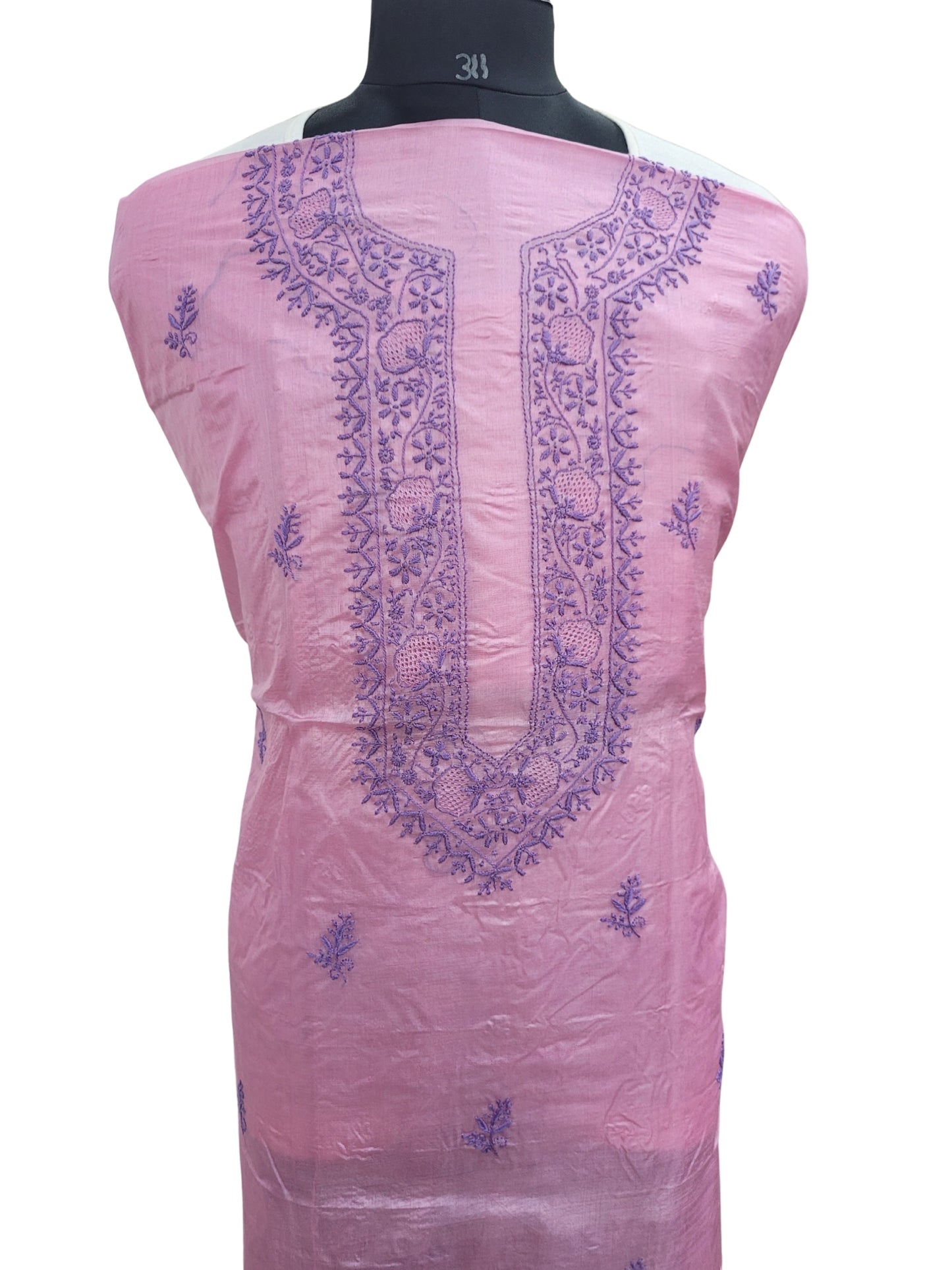 Shyamal Chikan Hand Embroidered Pink Pure Tusser Silk Lucknowi Chikankari Unstitched Men's Kurta Piece – S24565