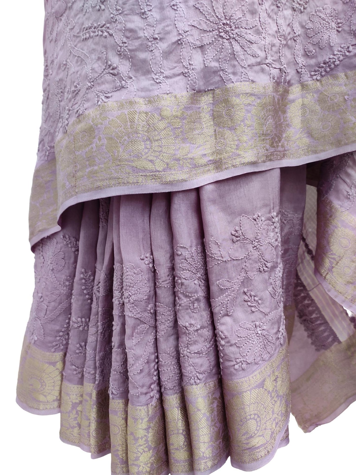 Shyamal Chikan Hand Embroidered Purple Pure Muslin Lucknowi Chikankari Saree With Blouse Piece- S20824