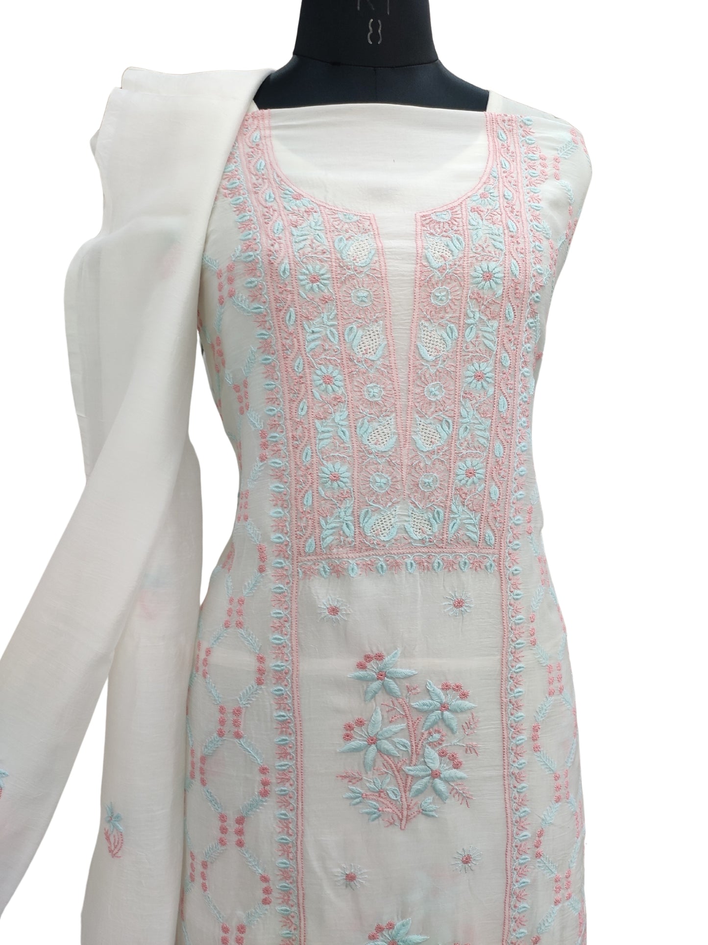 Shyamal Chikan Hand Embroidered White American Cotton Lucknowi Chikankari Unstitched Suit Piece (Kurta Dupatta Set) - S26352