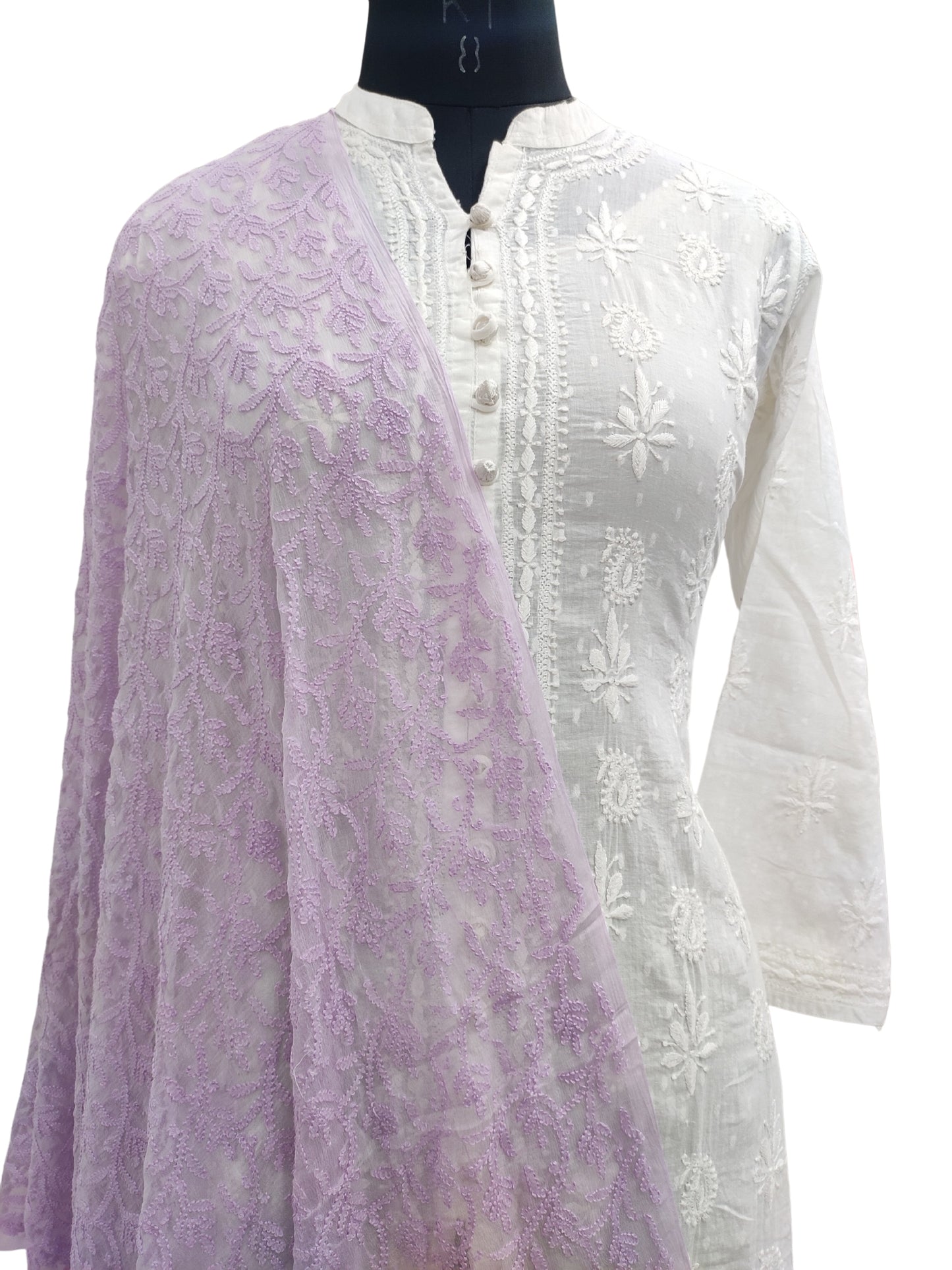 Shyamal Chikan All Over Hand Embroidered Purple Pure Chiffon Lucknowi Dupatta- S20109