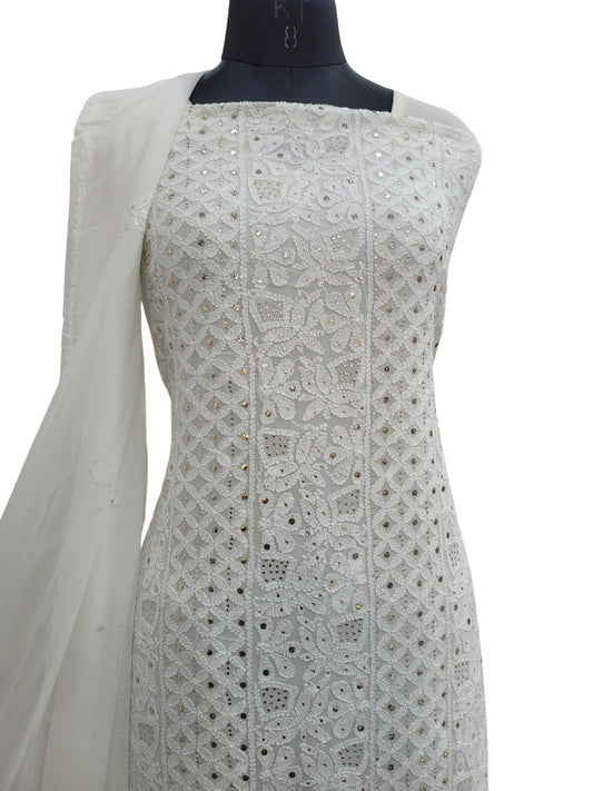 Shyamal Chikan Hand Embroidered White Viscose Georgette Lucknowi Chikankari Unstitched Suit Piece With Mukaish Work  ( Kurta Dupatta Set) -S24997