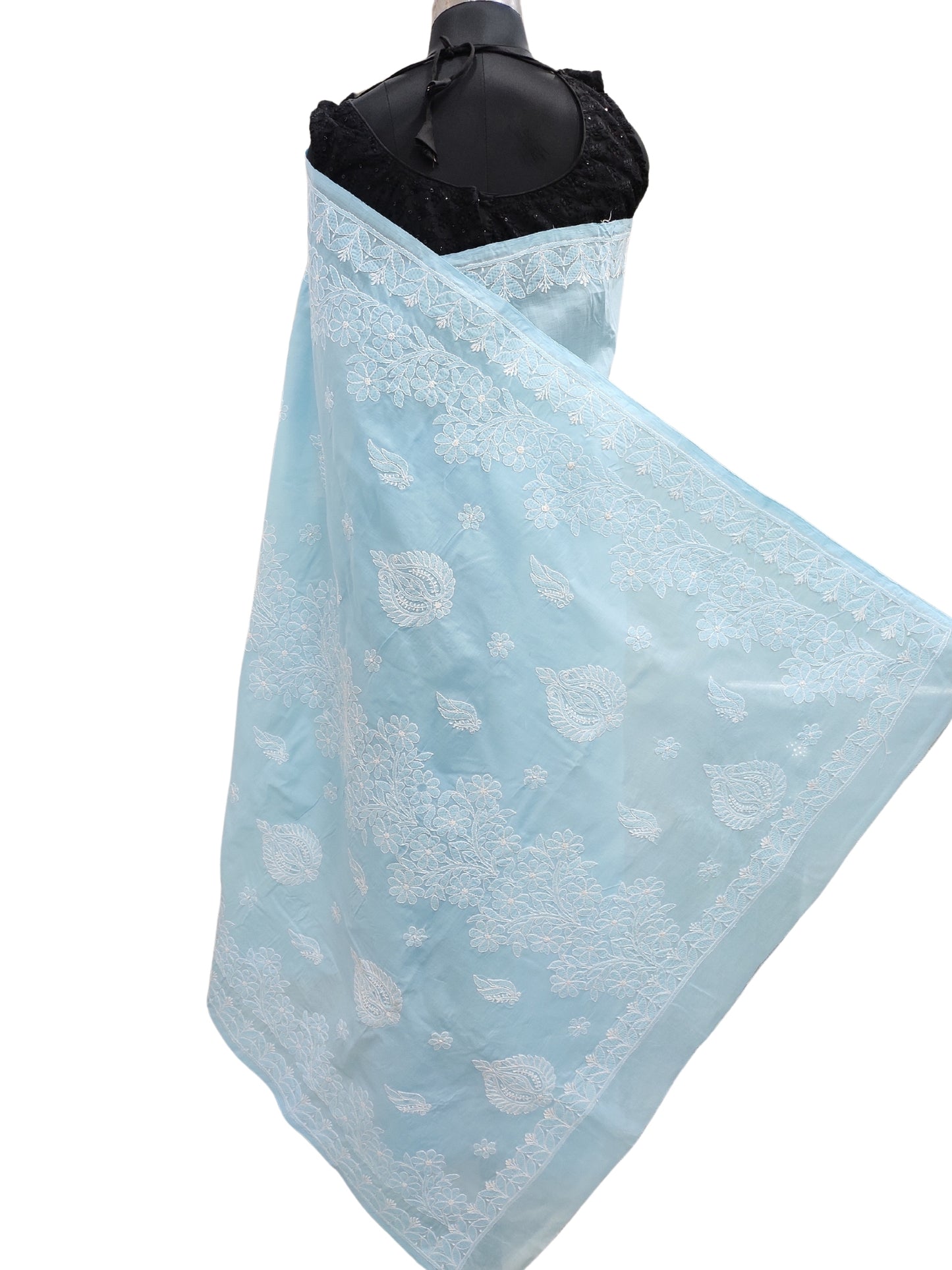 Shyamal Chikan Hand Embroidered Blue Cotton Lucknowi Chikankari Saree With Blouse Piece- S23007