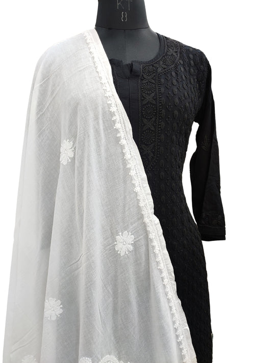 Shyamal Chikan Hand Embroidered White Malmal Cotton Lucknowi Chikankari Dupatta - S24491