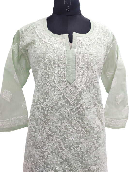 Shyamal Chikan Hand Embroidered Green Cotton Lucknowi Chikankari Short Top - S21754