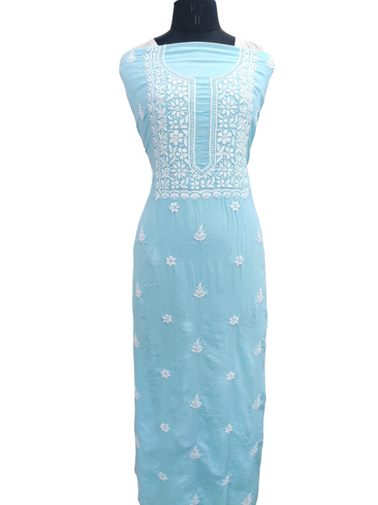 Shyamal Chikan Hand Embroidered Blue Modal Cotton Lucknowi Chikankari Unstitched Kurta Piece - S22336