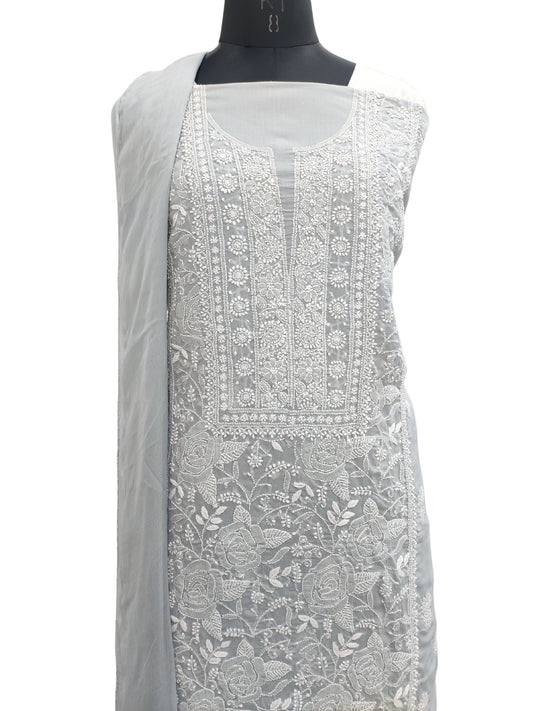 Shyamal Chikan Hand Embroidered Grey Cotton Lucknowi Chikankari Unstitched Suit Piece S22843