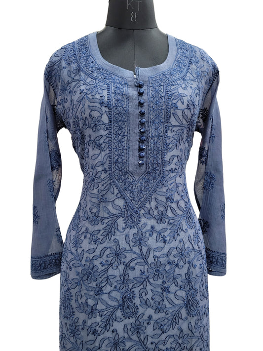 Shyamal Chikan Hand Embroidered Peacock Blue Mul Chanderi Lucknowi Chikankari Kurti - S22144