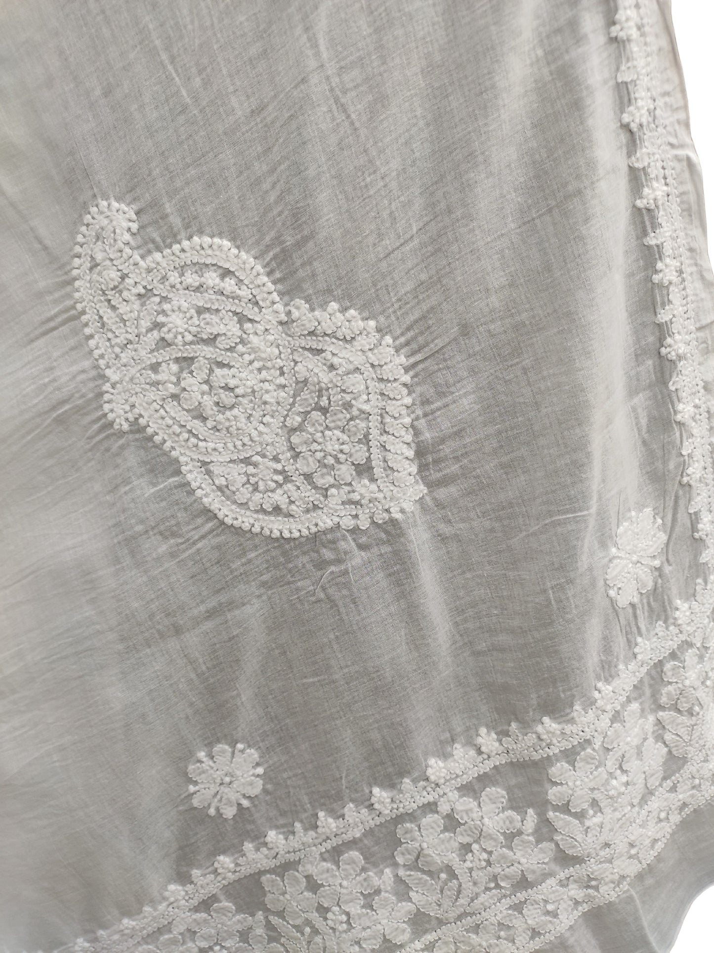 Shyamal Chikan Hand Embroidered White Malmal Cotton Lucknowi Chikankari Dupatta - S24491