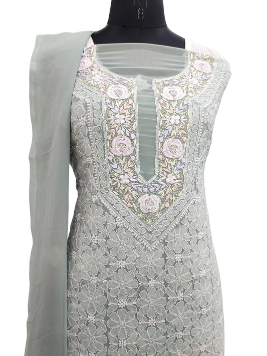 Shyamal Chikan Hand Embroidered Grey Georgette Lucknowi Chikankari Unstitched Suit Piece With Parsi Work - S22636