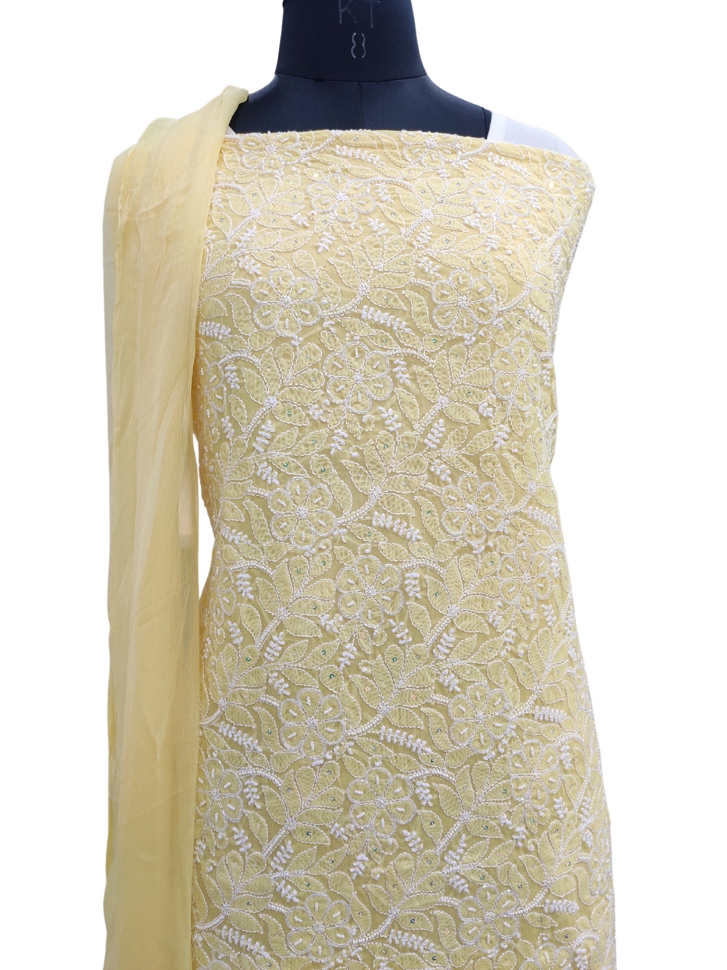 Shyamal Chikan Hand Embroidered Yellow Cotton Lucknowi Chikankari Unstitched Suit Piece With Pearl Sequin & Cutdana Work - S24324