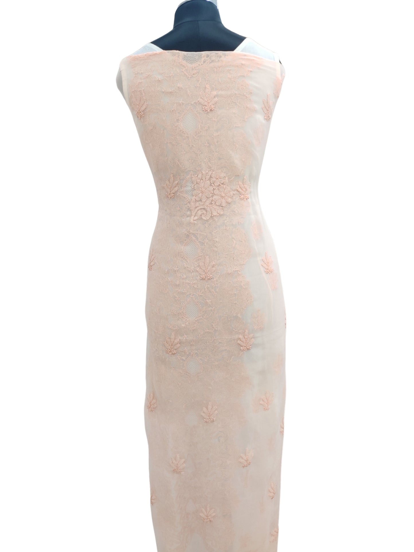 Shyamal Chikan Hand Embroidered Peach Georgette Lucknowi Chikankari Unstitched Suit Piece - 24031