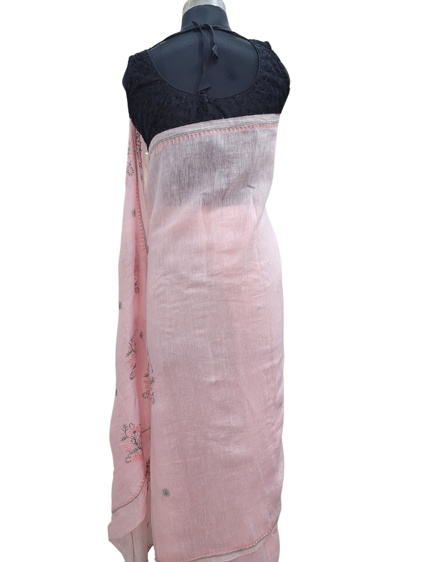 Shyamal Chikan Hand Embroidered Pink Pure Lenin Lucknowi Chikankari Saree With Blouse Piece- S24058