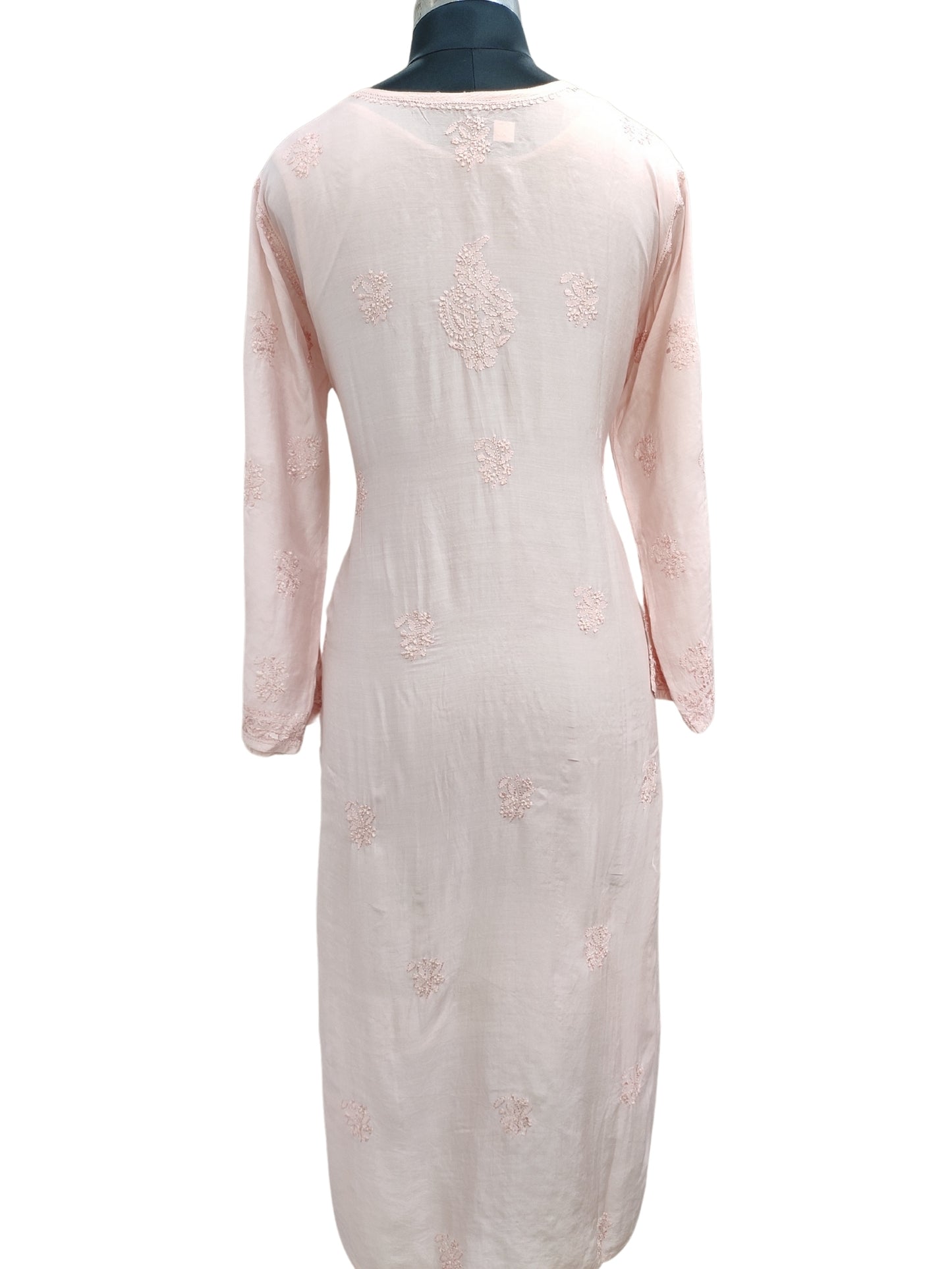 Shyamal Chikan Hand Embroidered Peach Muslin Lucknowi Chikankari Kurti - S24878