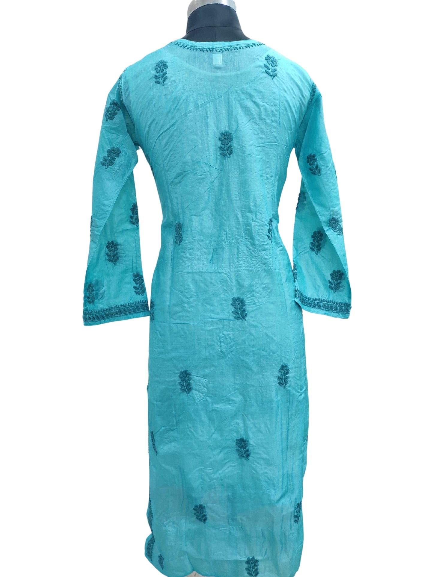 Shyamal Chikan Hand Embroidered Blue Pure Tusser Silk Lucknowi Chikankari Kurti- S24412