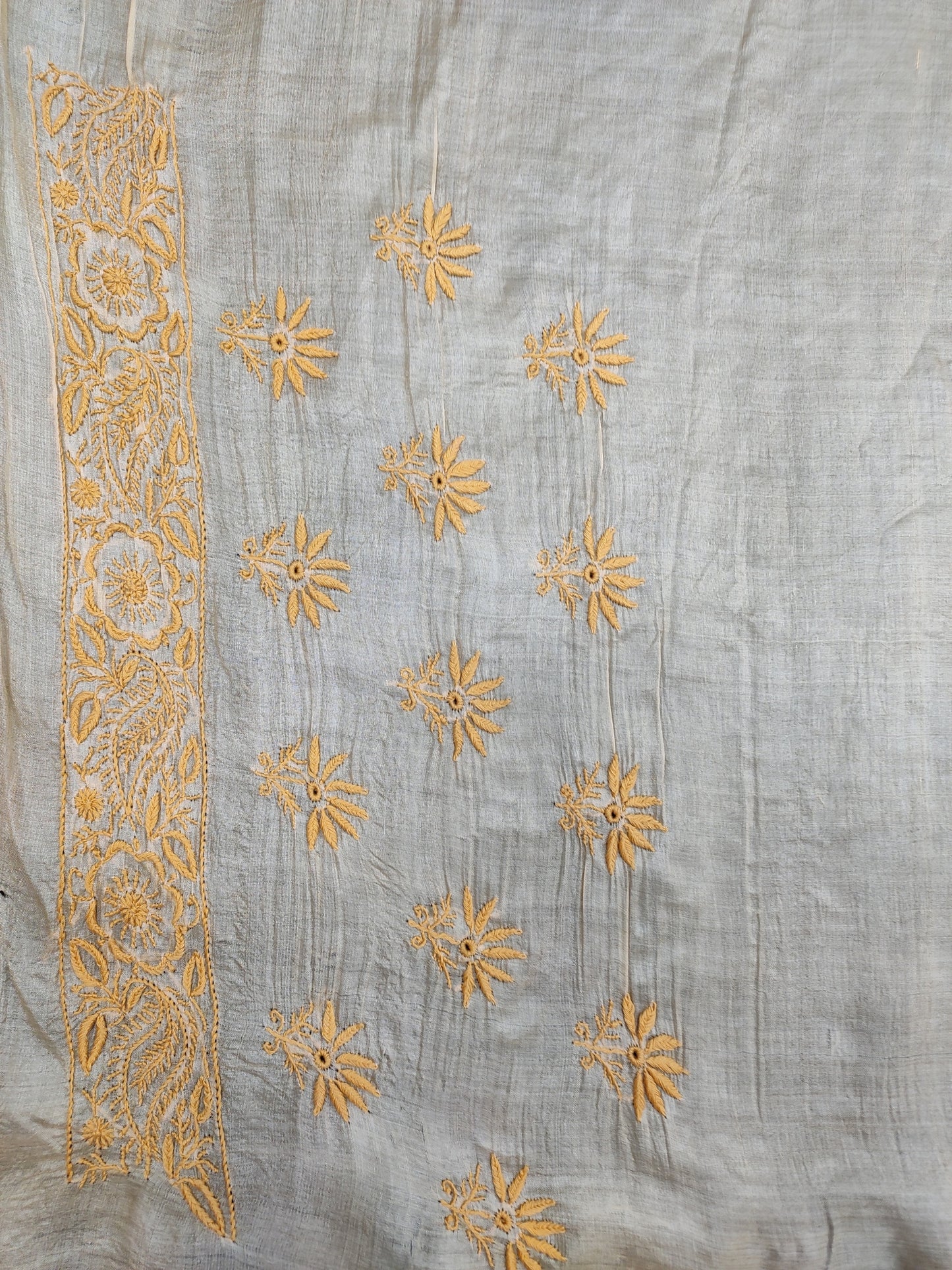 Shyamal Chikan Hand Embroidered Beige Tusser Silk Lucknowi Chikankari Saree With Blouse Piece- S22474