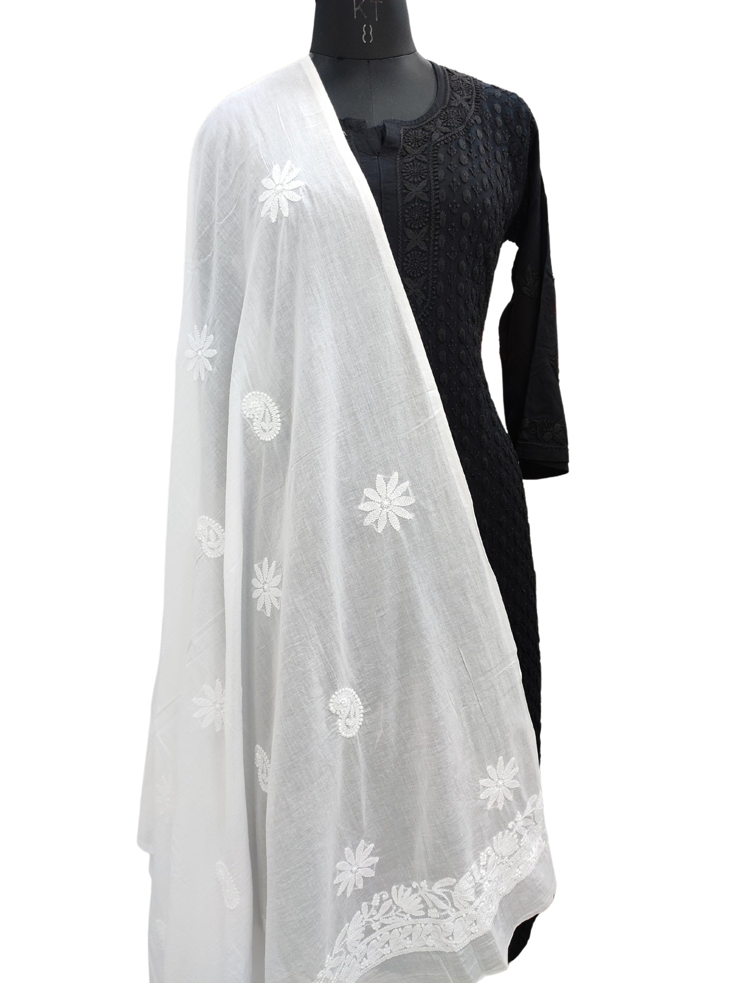 Shyamal Chikan Hand Embroidered White Malmal Cotton Lucknowi Chikankari Dupatta - S24489