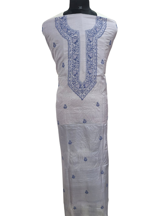 Shyamal Chikan Hand Embroidered Blue Pure Tusser Silk Lucknowi Chikankari Unstitched Men's Kurta Piece – S24564